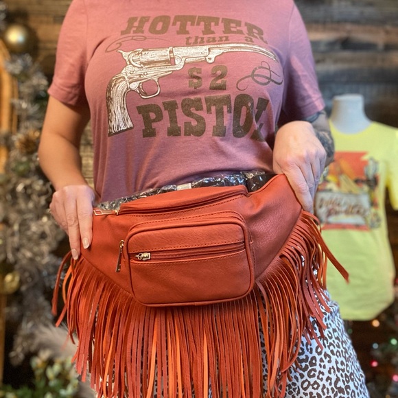 Orange fringe Fanny pack with adjustable strap and pockets - Picture 3 of 6